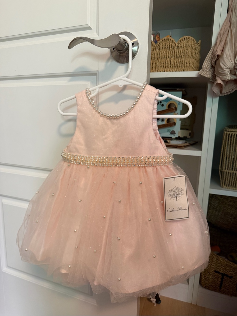 Pink Pearl-Trim Tulle Kids Dress